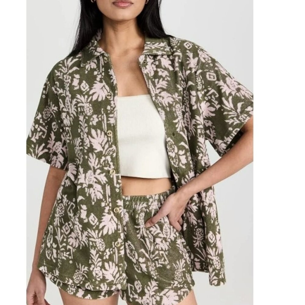 THE UPSIDE Cocos Stella Terry Top Hawaiian Floral Pineapple Green Oversized Med